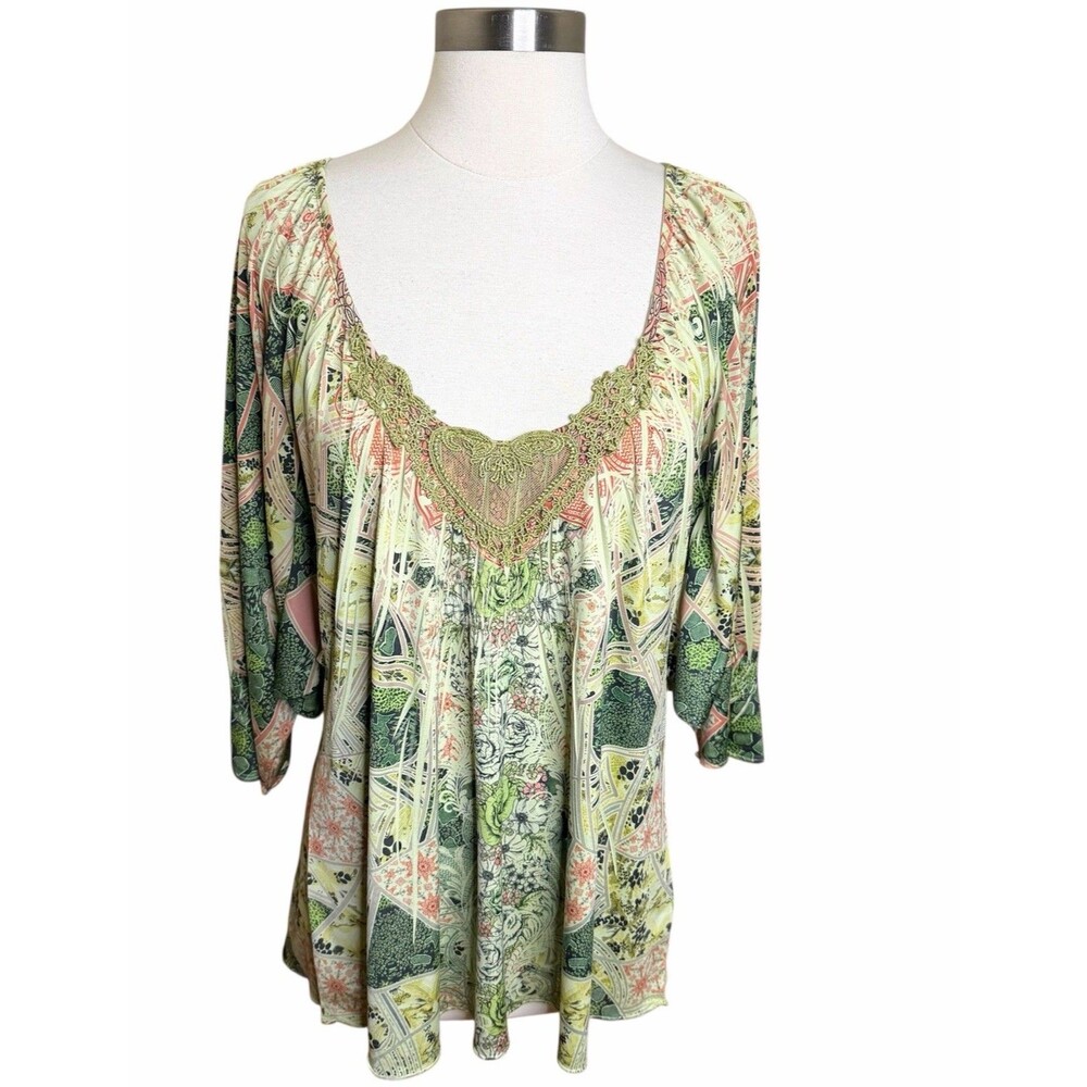 One World Top Large L Green Floral Fairy Peasant Blouse Dolman Batwing Boho Lace